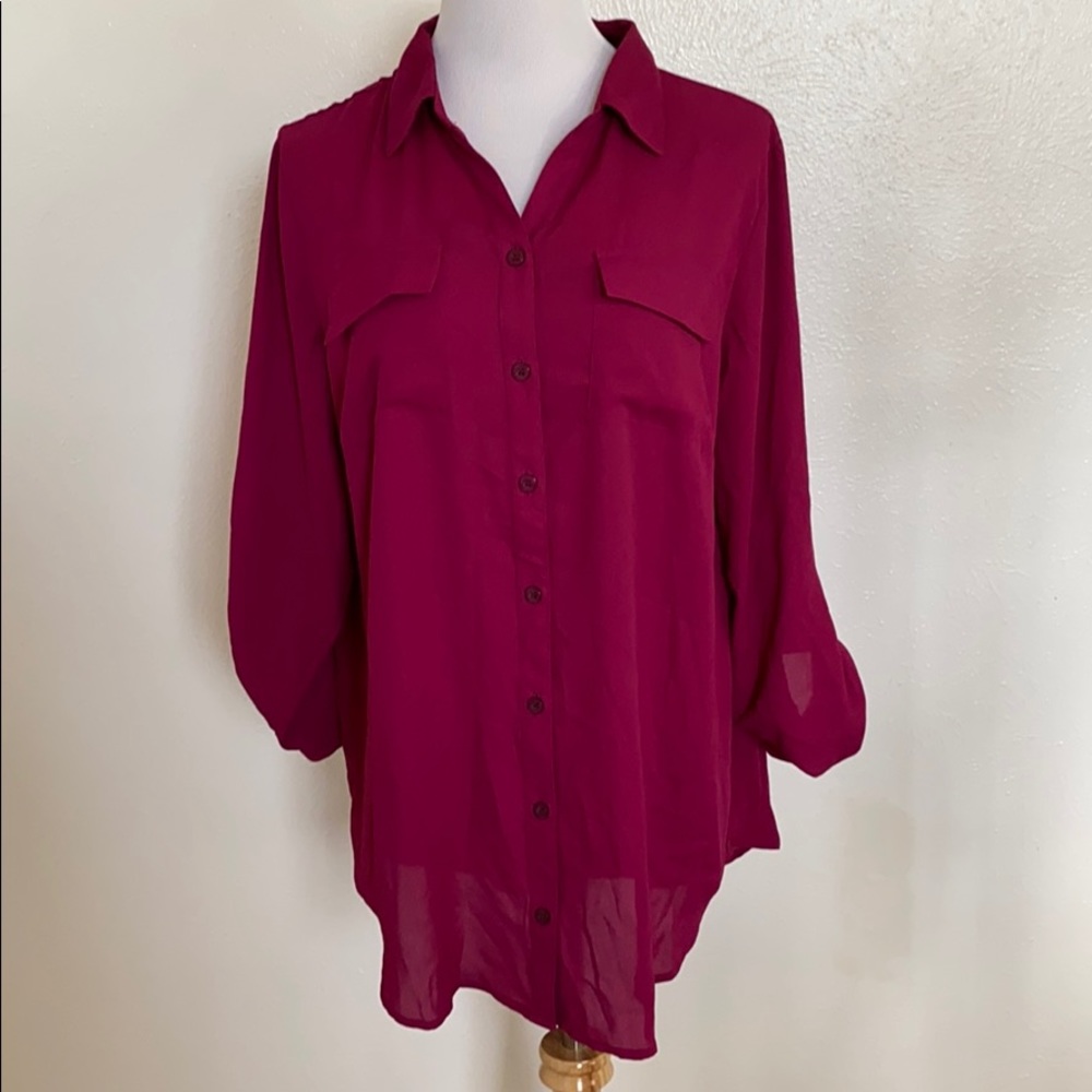 CJ Banks Magenta Button Down Roll Tab Sleeve Blouse Plus 1X